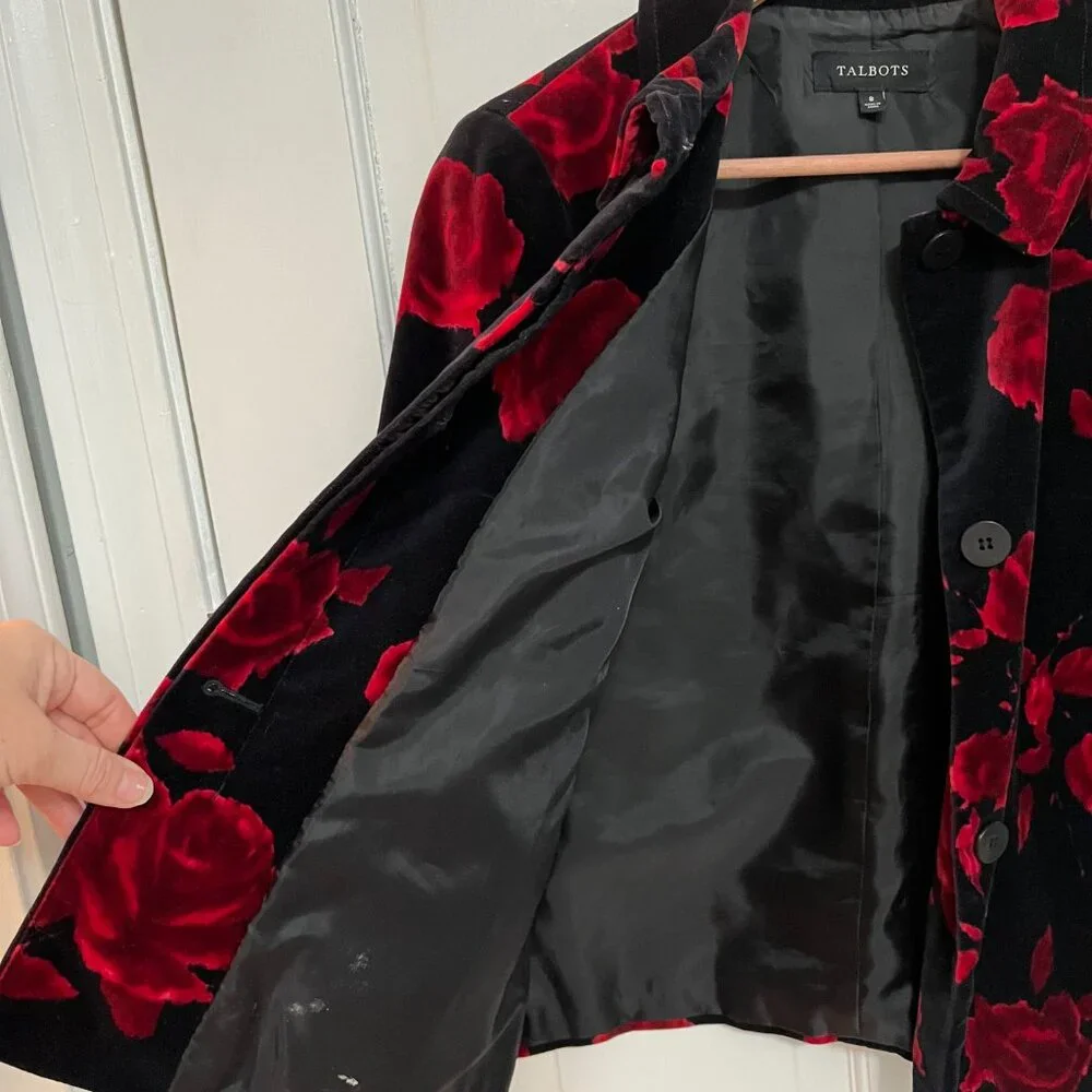 Talbots Sz 8 Black Velvet Lined Jacket Blazer Red Roses Button Up Pockets